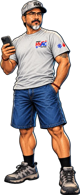 Illustration of Gonzalo, owner of Smart HVAC Solutions, holding a phone